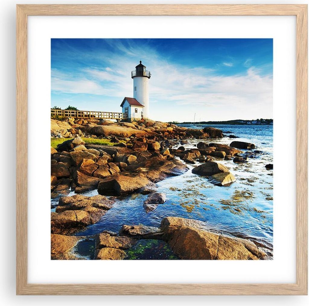 Gerahmtes Poster - Rahmen in heller Eiche - Leuchtturm Ufer Wolke Landschaft - 40x40 cm - Wand Bild - Wanddeko - Wandbilder - Wandposter - Bilderra...