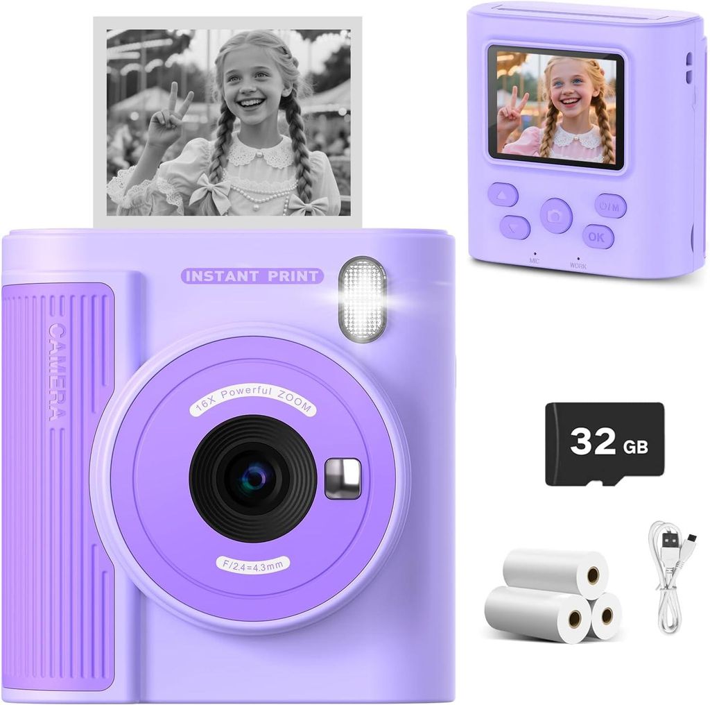 Kinderkamera Instant Print, 1080HD Video & Instant Print Kamera lustige Weihnachts- und Geburtstagsgeschenke kommt mit 32GB SD Karte, leicht & tragbar