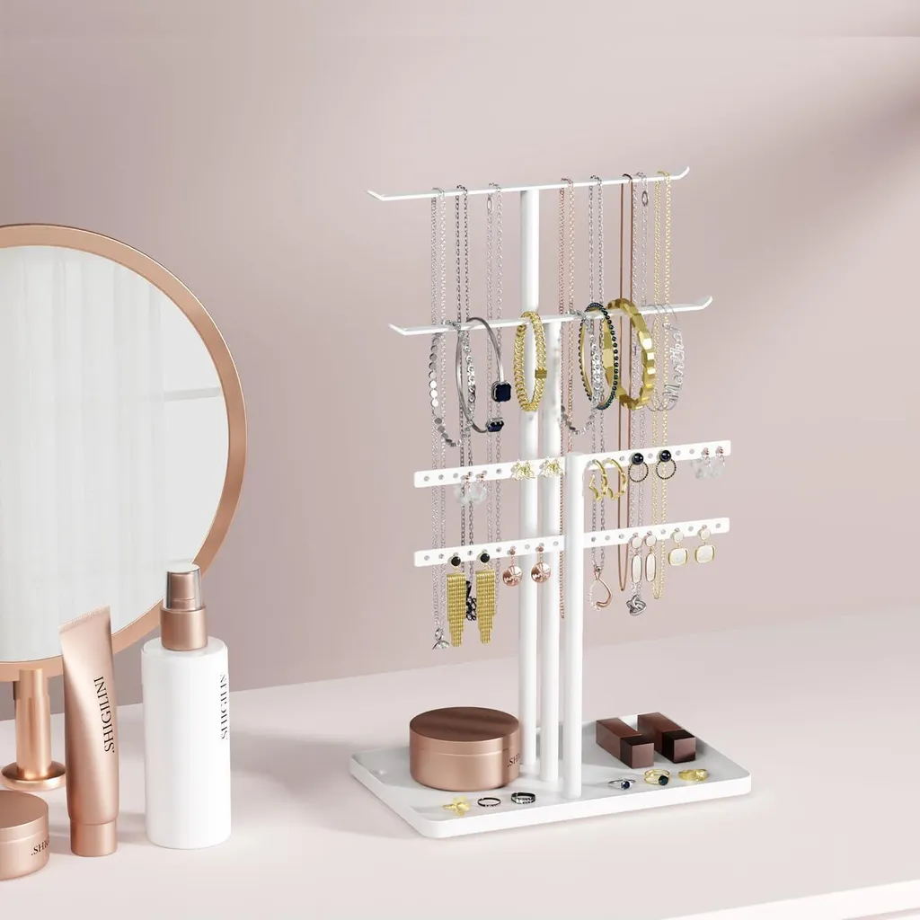 Organiseur Bijoux 32cm Blanc 4 Niveaux - Support Colliers et Boucles - 6