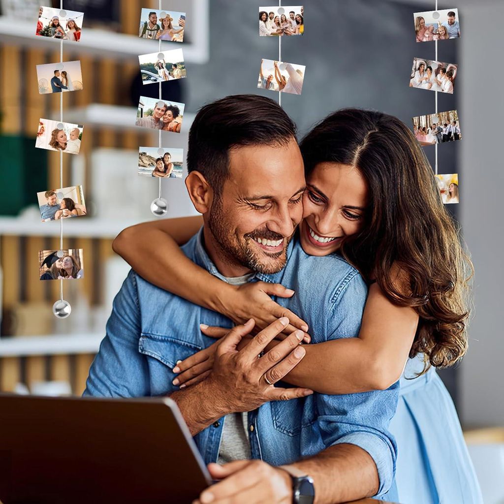 Allecto Premium - Fotokette 4 Stück 15 mm x 2 m mit 48 Magneten - Drahtseil für Fotos und Postkarten - Silberfarben