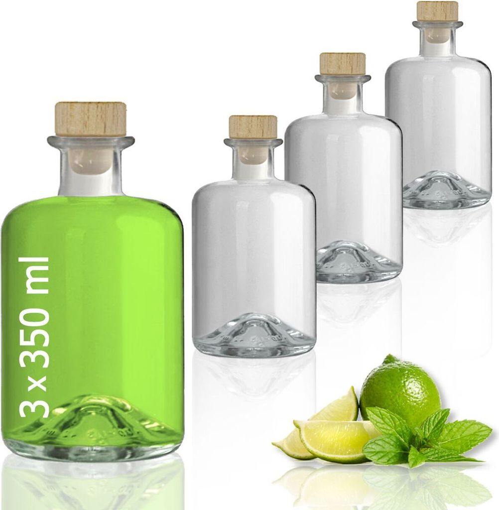 3 Glasflaschen 350 ml leer zum selbst Befüllen mit Korken Apothekerflasche Essig Öl Flasche Schnapsflaschen Likörflaschen