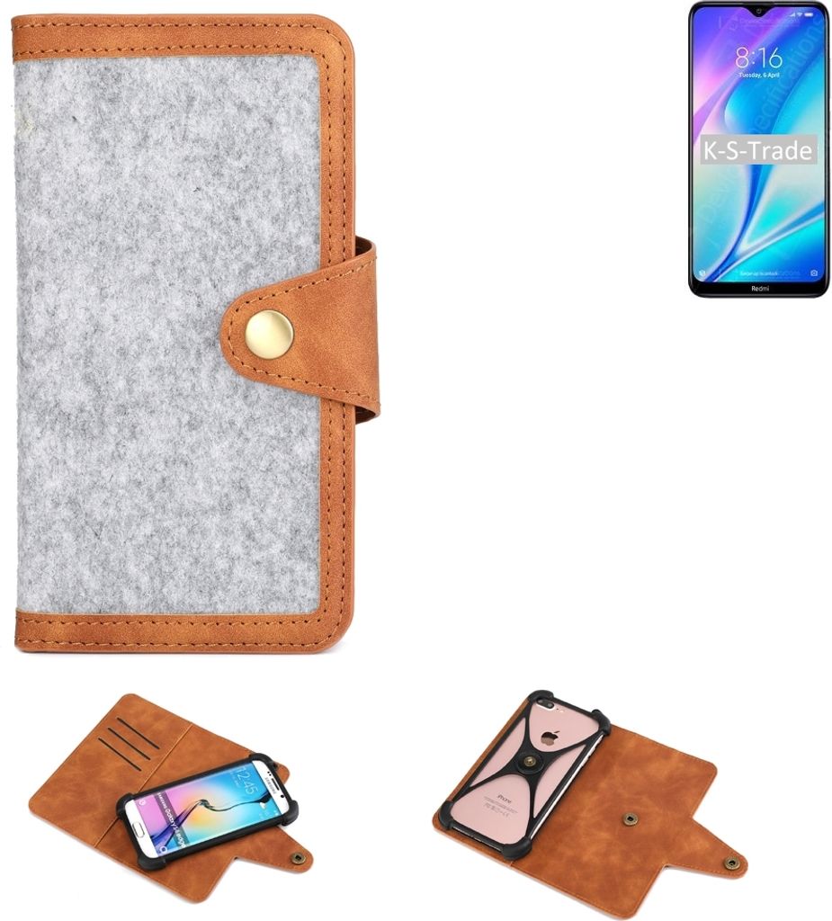 K-S-Trade Handyhülle kompatibel mit Xiaomi Redmi 8A Dual Schutzhülle Filz-Hülle Kunst-Leder hellgrau braun (1x)