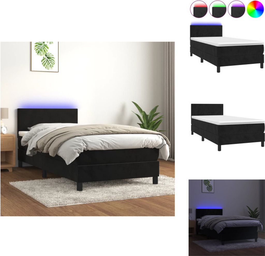 vidaXL Boxspringbett mit Matratze & LED Schwarz 90x190 cm Samt - Betten & Bettgestelle
