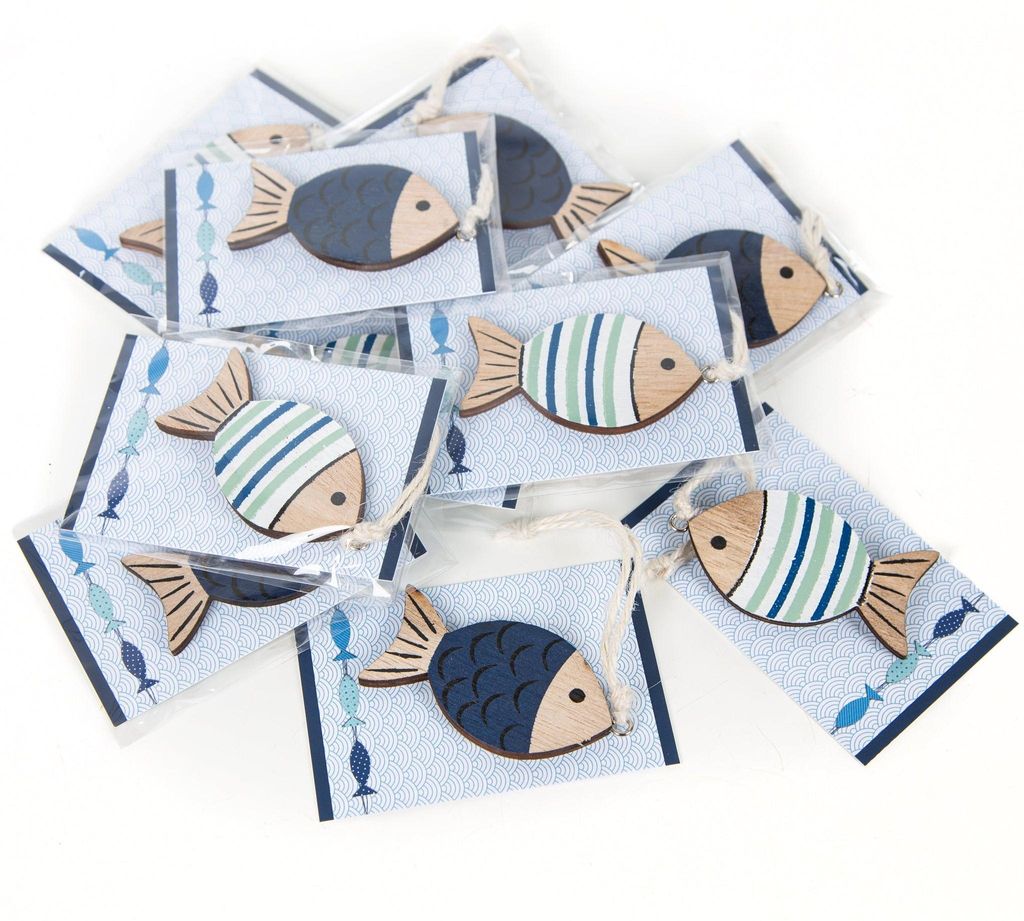 10 kleine Gastgeschenke blau mit Holzfisch & Karte