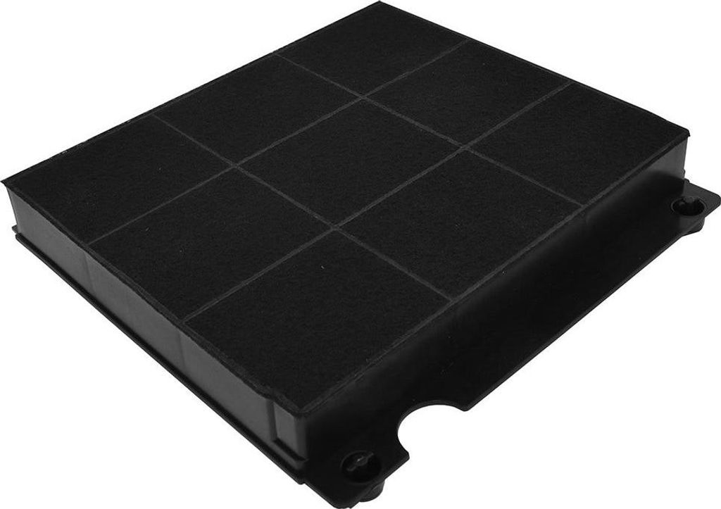 A black carbon filter for a range hood, shown from a slightly elevated angle against a white background.