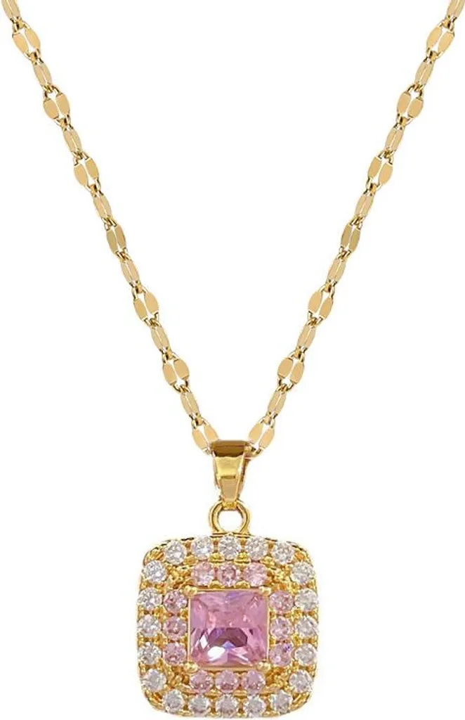 Collier en or et pendentif zircone rose, maille forçat fine de 45 cm