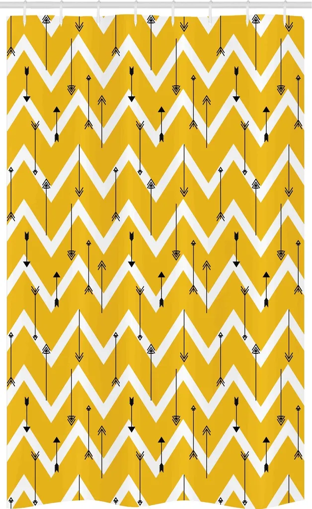 ABAKUHAUS azteco Tenda da doccia stretta, frecce su zig zag chevron, set decorativo per bagno in tessuto con ganci, 120 x 180 cm, terra giallo bianco nero