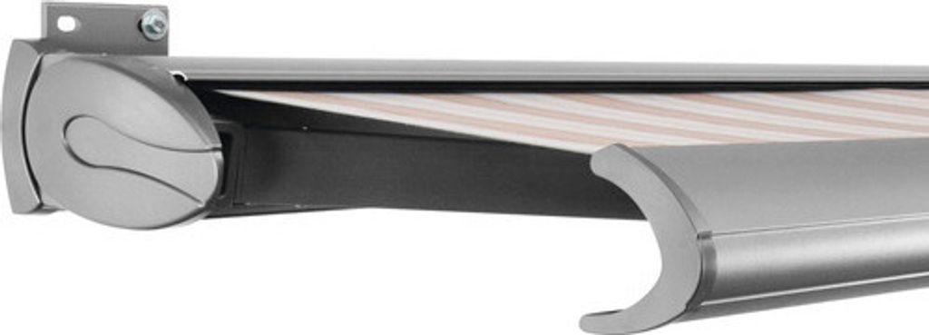 SOLUNA Kassettenmarkise Exclusiv 6x3 Stoff Dessin 6171 Gestell E6EV1 silber eloxiert Antrieb links inkl. Motor und Wands