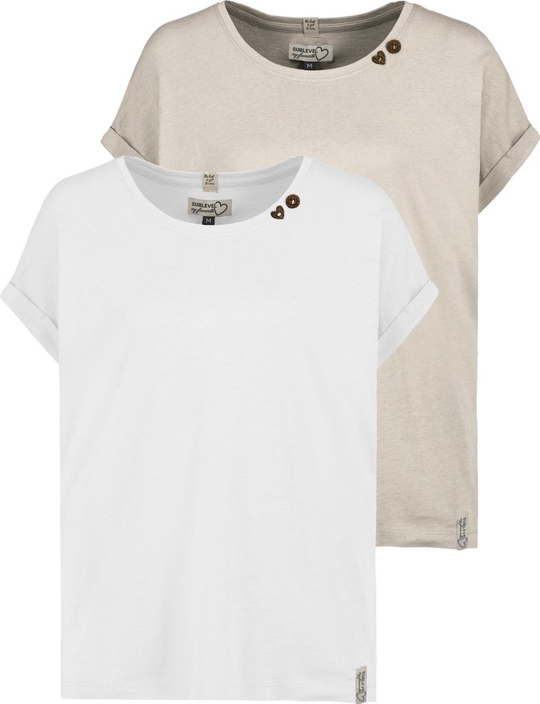 Sublevel T-Shirt 2er Set mit Rundhals Knöpfen bequem Größe: L