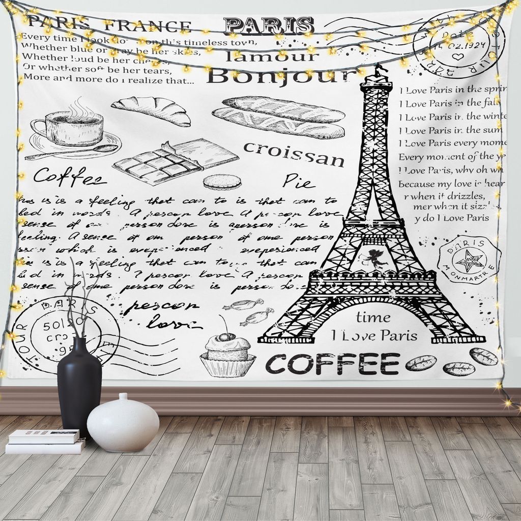 ABAKUHAUS Schwarz-Weiss Wandteppich, Bonjour croissan Kaffee, Wohnzimmer Schlafzimmer Wandtuch Seidiges Satin Wandteppich, 150 x 100 cm, Weiß Schwarz