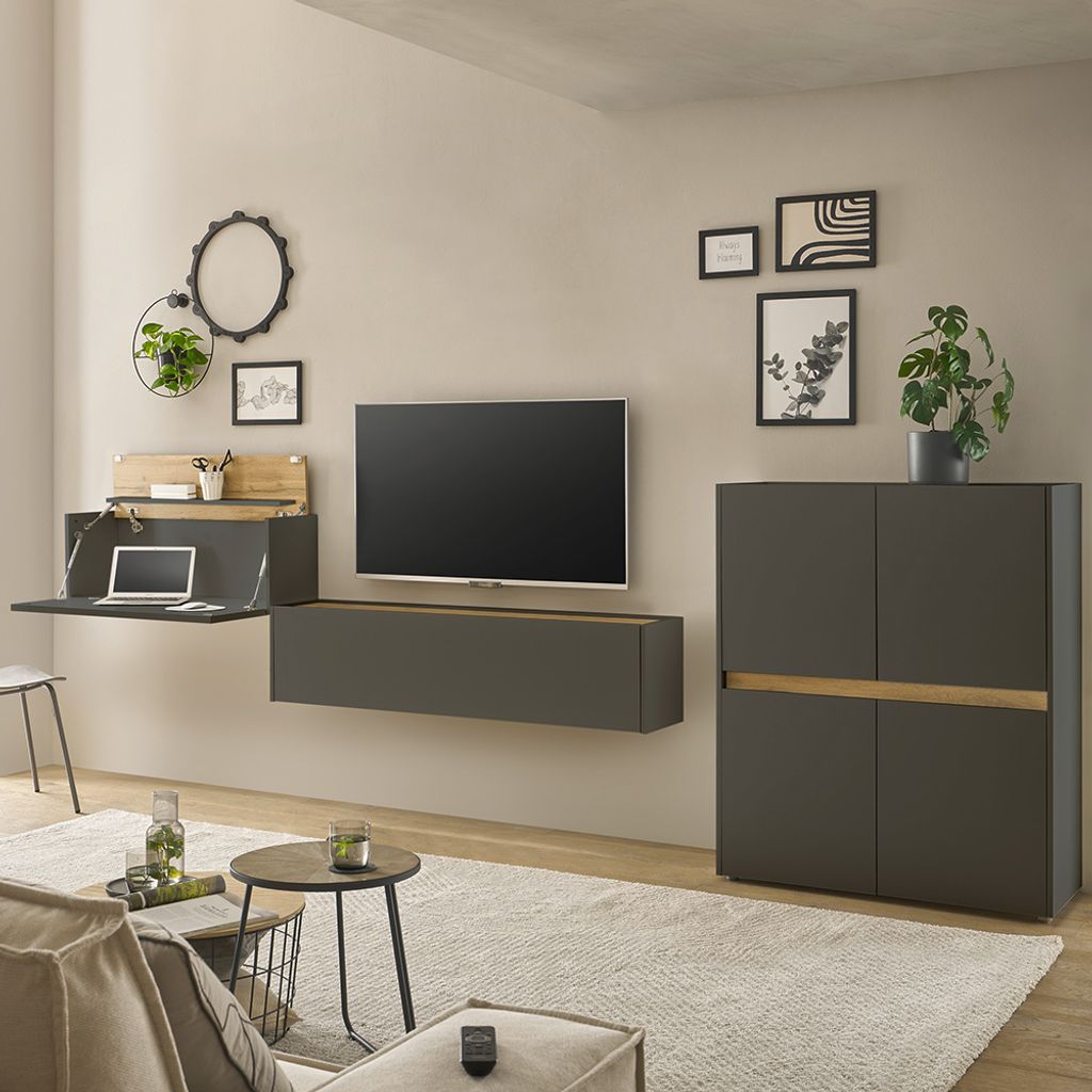 Wohnwand anthrazit mit Eiche CRISP-61 modern 3-teilig mit Homeoffice-Lösung