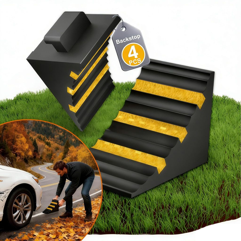 UISEBRT Dreieck Unterlegkeile 4er Set, Schwarz & Gelb, Gummi-Radkeile mit Griff und gekrümmter Oberfläche, 25x16x19 cm, rutschfest für PKW, Wohn...
