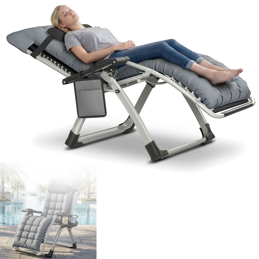 LZQ Gartenliege Klappbar bis 160 kg, Gepolsterter Liegestuhl mit Kopfkissen, Getränkehalter & Seitentasche, Stahlrahmen Relaxliege für Garten, Te...