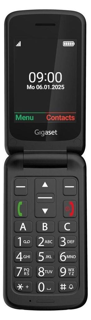 A black Gigaset flip phone is shown from the front.