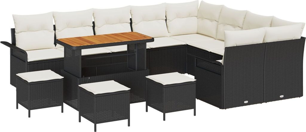 Möbel 13-teiliges Garten Sofa Set mit Kissen Schwarz Poly Rattan Akazie, 4-teiliges Garten Ess Set mit Kissen Schwarz Poly Rattan Akazie, 2-Sitzer...