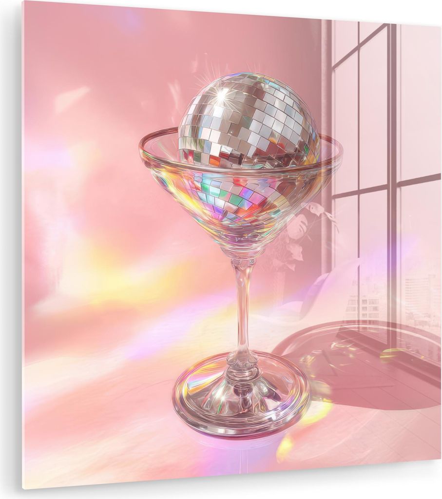 MuchoWow Glasbilder - Bilder auf Wandbild - Foto auf Glas Martini Glas - Discokugel - Funkelnde Lichtpunkte 20x20 cm Wanddekoration aus Glas - Acry...
