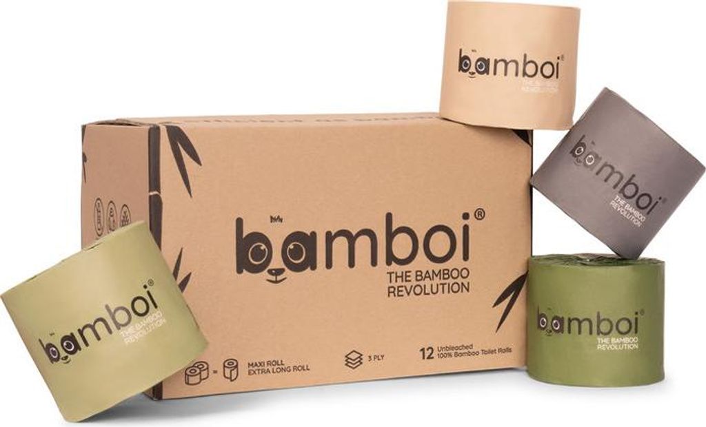 Bamboi Toilettenpapier - Bambus WC-Papier (3-lagig) - 12 Maxi Rollen - 400 Blatt pro Rolle - 100% -