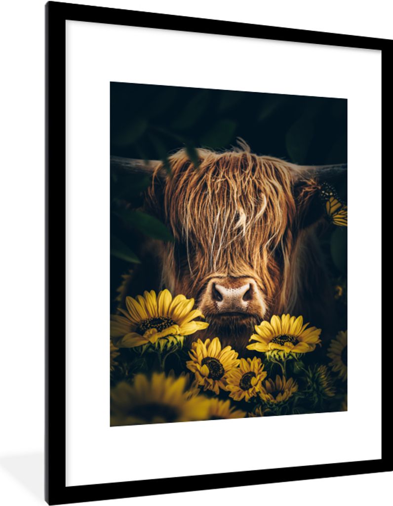 MuchoWow Gerahmtes Poster Schottische Highlander - Blumen - Kuh - Botanisch - Tiere 60x80 cm - Poster mit Schwarzem Bilderrahmen Wandposter Rahme...