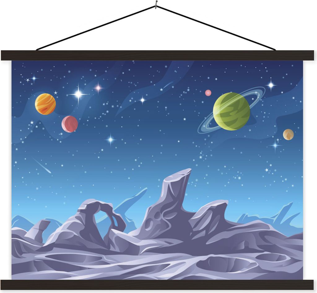 MuchoWow Textilposter Eine Illustration der Mondoberfläche mit sichtbaren Planeten 60x45 cm mit schwarzem Rahmen - Poster Schlafzimmer