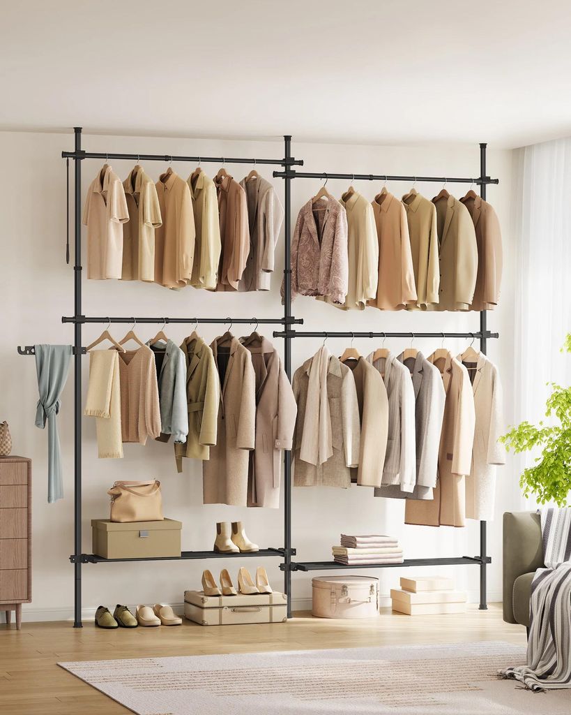 Kleiderständer - Garderobenständer 3 Ebenen - Höhen- und Breitenverstellbar - Mit Klemmarm - Stahl & Kunststoff - Schwarz