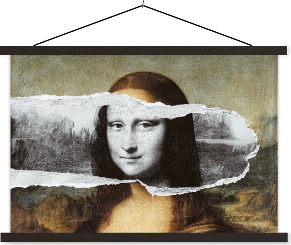 MuchoWow Textilposter Mona Lisa - Schwarz und weiß - Da Vinci 120x80 cm mit schwarzem Rahmen - Wanddeko