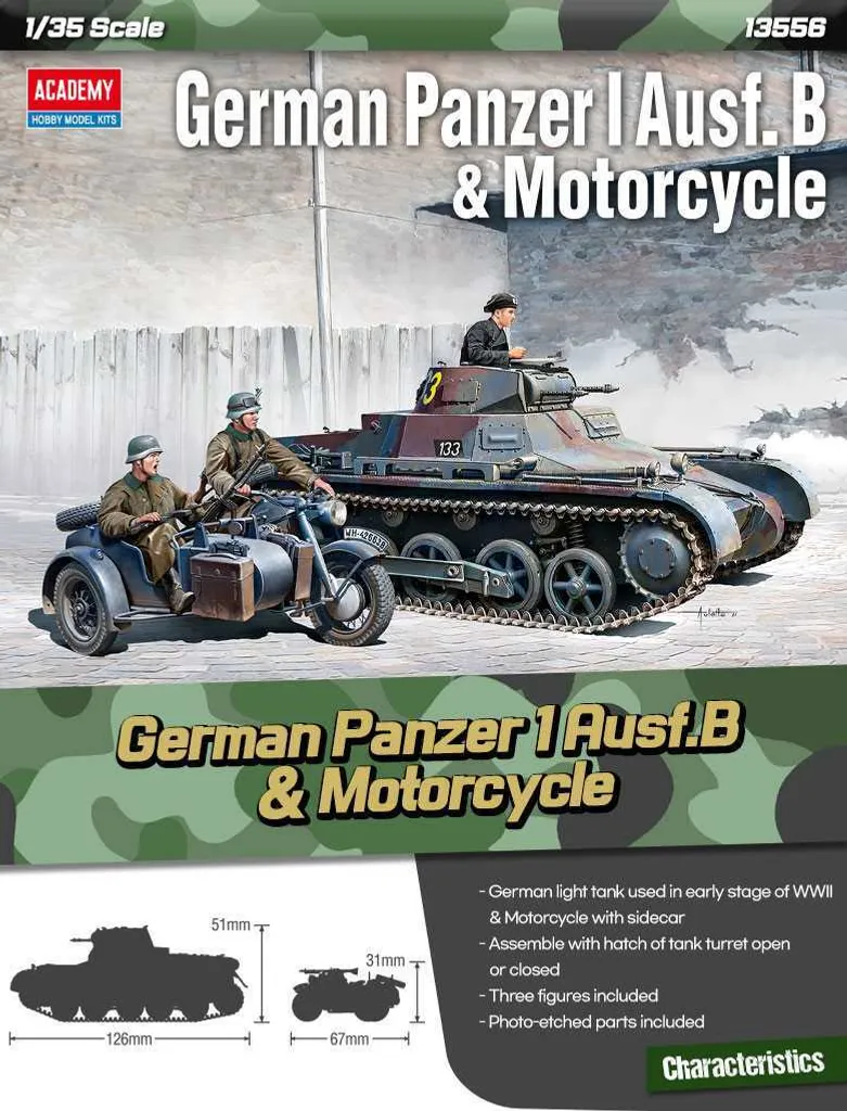 Maquette militaire 13556 Panzer I B et moto détails haute précision 1:35