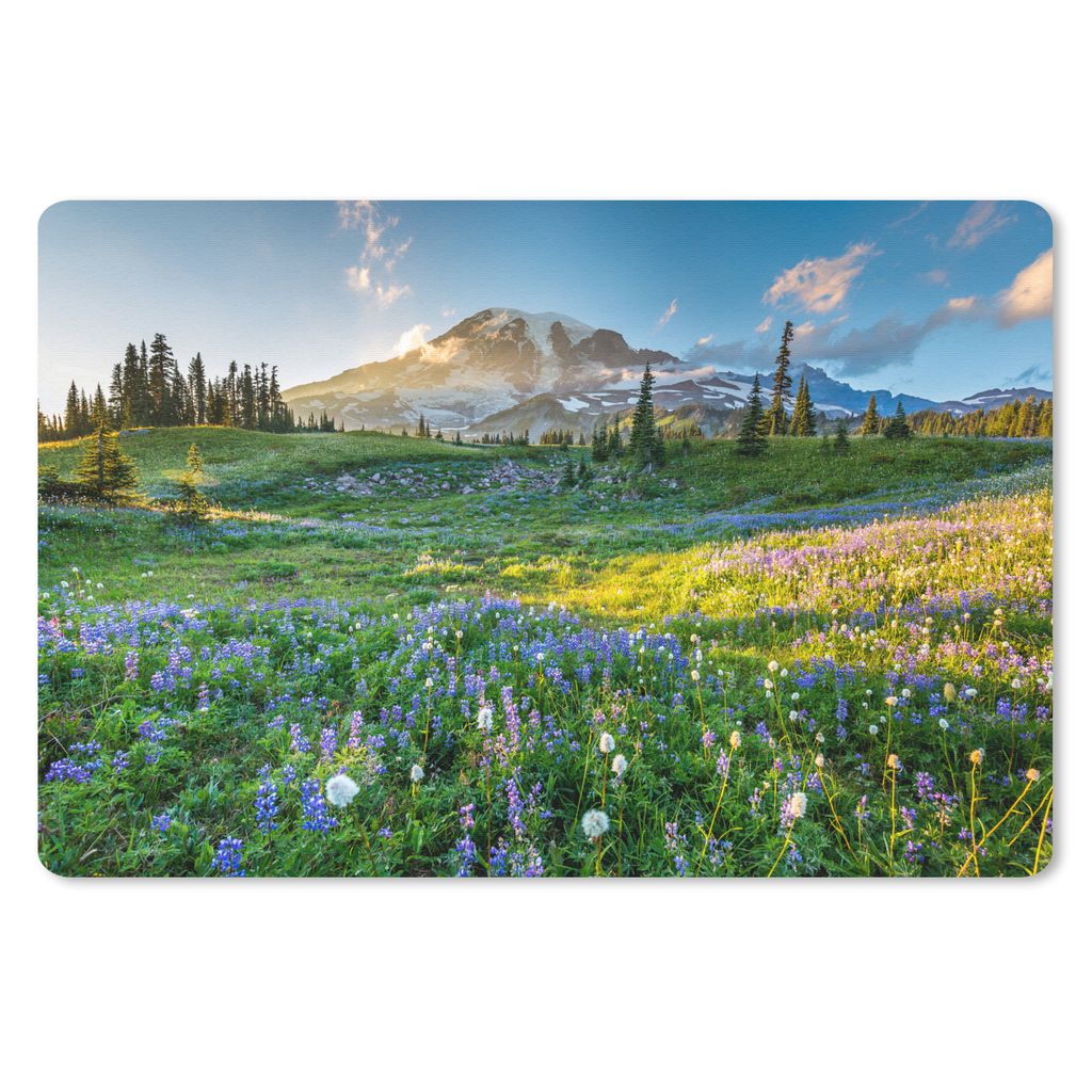 MuchoWow Schreibtischunterlage Berg - Blumen - Frühling 60x40 cm - XXL Mauspad - Großes Mauspad