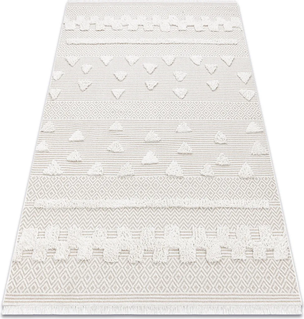 Tapis de Salon style Sisal Beige avec Franges Boho et Motifs Zigzag