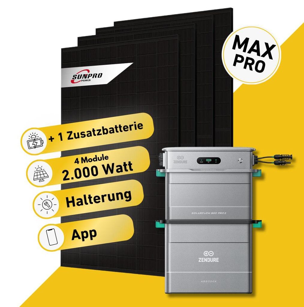 2000 Watt, Bifazial Komplettset, Balkonkraftwerk, Zendure Solarflow 800 Pro 2, 1 x AB2000L Zusatzbatterie, Halterung Blechdach vertikal und MC-4 Ve...