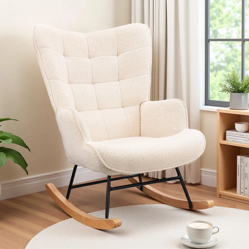 Sedia a dondolo in tessuto orsetto beige con schienale imbottito, design moderno e accogliente per il soggiorno o la camera da letto