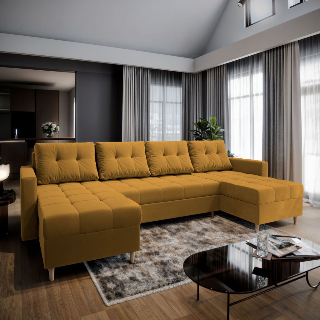Masseno Ecksofa MILO U mit Schlaffunktion U-Form, Sofa mit Bettkasten, Wohnzimmersofa, Couch, Soffa, Bettsofa, Couchgarnitur- Gelb, KRONOS 01