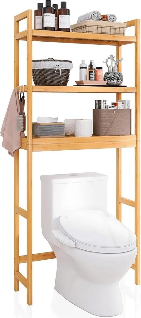 Étagère salle de bain bambou 170cm de haut avec 3 niveaux ajustables