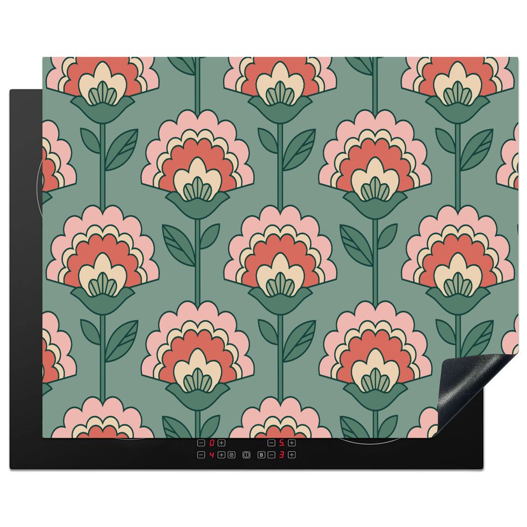 KitchenYeah Herdabdeckplatte Blumen - Retro - Muster , 65x52cm, Küche Deko, Glaskeramikkochfeld Herdabdeckung, Abdeckplatte fùr Kochfeld