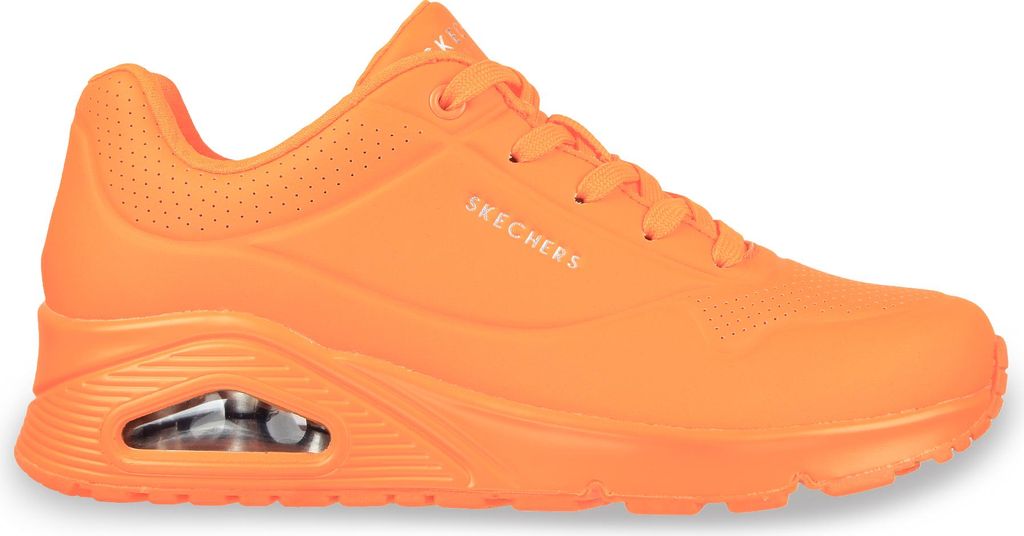 A side view of a neon orange Skechers Uno sneaker against a white background.