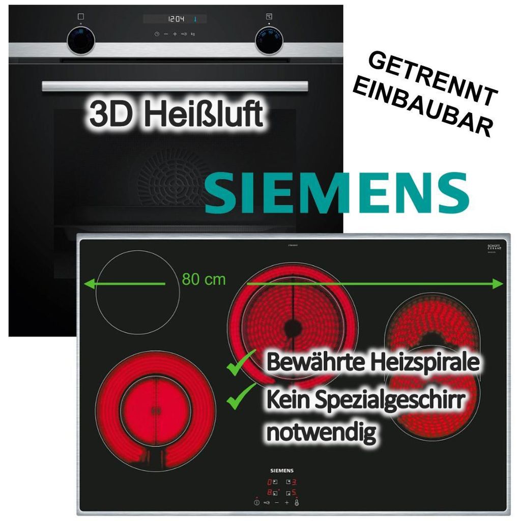 Herdset Siemens Backofen 3D Heißluft Hydrolyse Schnellaufheizung Pizzastufe+ Elektrokochfeld 80cm Bräterzone