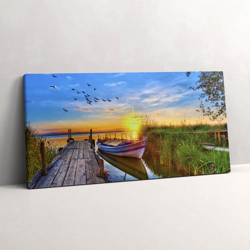 Blick auf den See und Sonnenuntergang – Leinwandbild Wandbild – 140x70 cm – Leinwandbilder – Wandbilder – Schlafzimmer – Flur