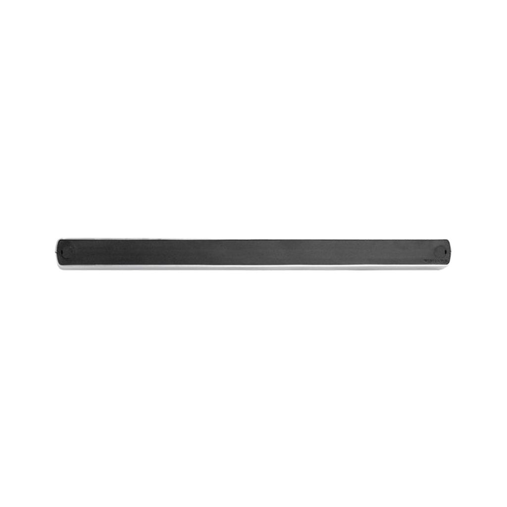 A long, thin, black object is centered on a white background.
