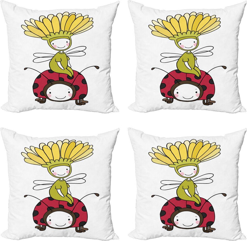 ABAKUHAUS Karikatur Kissenbezug Set (4 Stück), Blumen-Fee und Marienkäfer, Moderner Doppelseitiger Digitaldruck, 60 cm x 60 cm, Mehrfarbig
