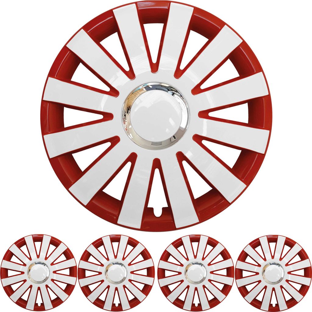 4x PREMIUM DESIGN Radkappen Radzierblenden Set "Onyx" 15 ZOLL in Rot / Weiß