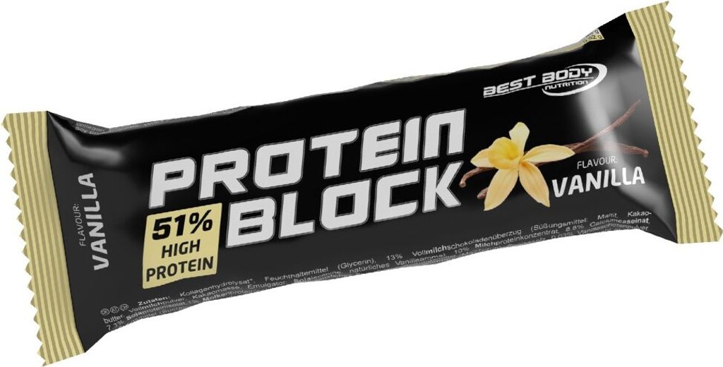 Best Body Nutrition - Protein Block - 90 g Riegel, 15 x 90 g Riegel / Faltschachtel, Geschmack: Vanille