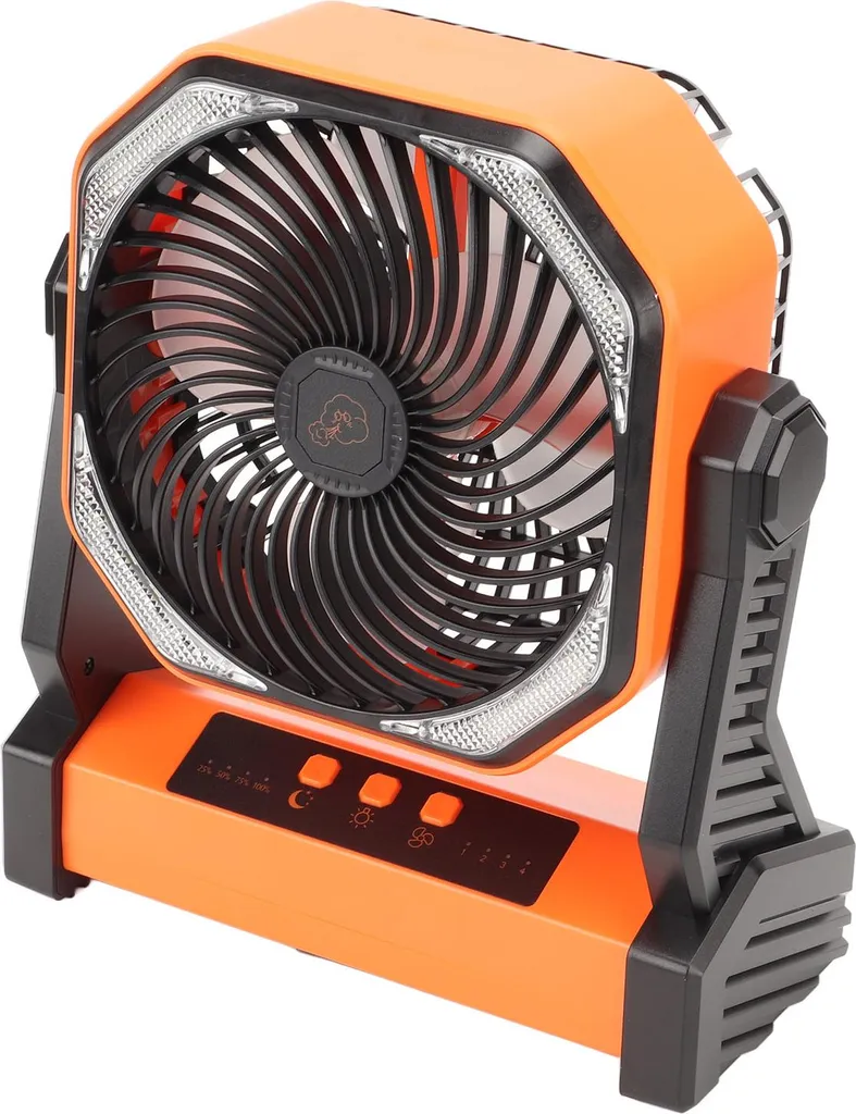Ventilateur de camping USB avec lanterne LED et pivot à 270 degrés orange