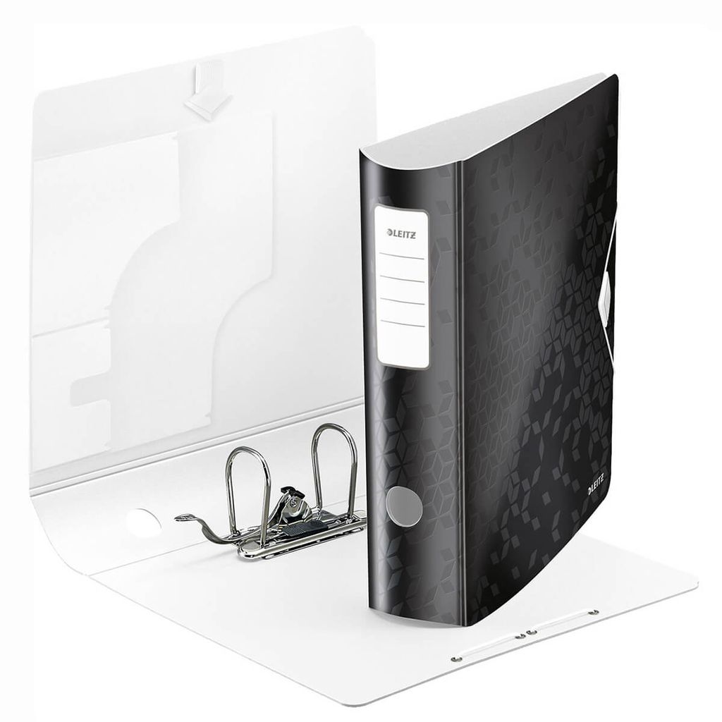 An open binder with a black patterned cover is shown on a white background.
