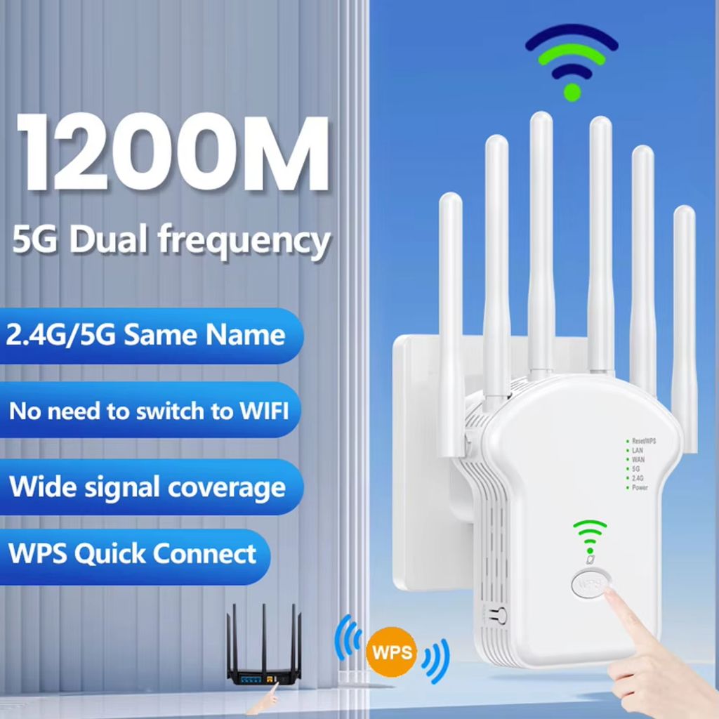 A collage of a Wi-Fi range extender and its features.