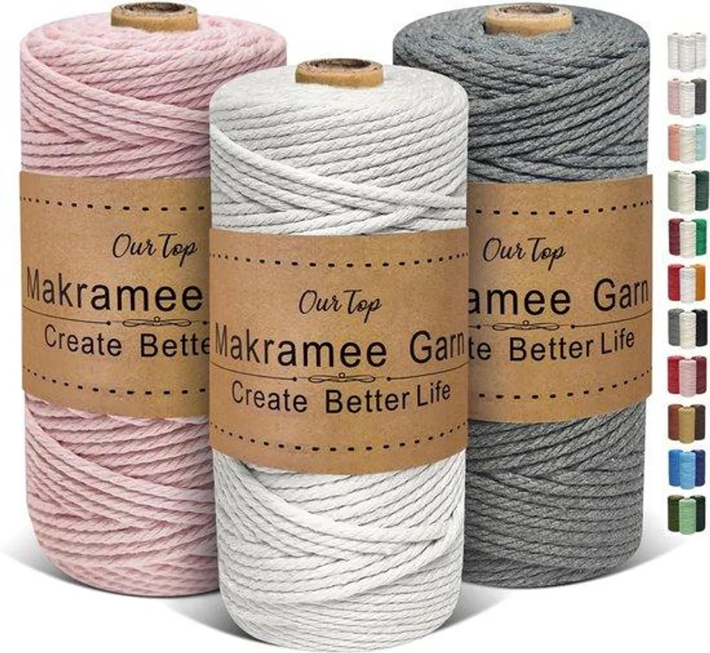Ficelle Macramé Douce 3mmx100m, Lot de 3 - Gris Rosé, Coton Torsadé