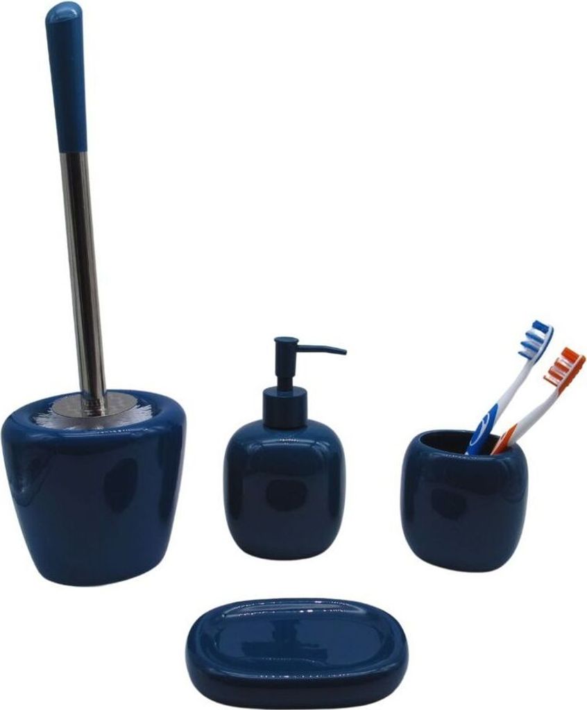 4tlg Set Bad Accessoires WC Bürste Seifenspender Zahnputzbecher Seifenschale Donna Blau