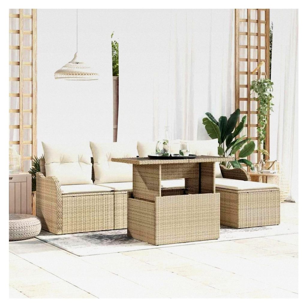 Modulare Garten-Sitzgruppe, 6-teilig, Beige Poly Rattan, wetterfest mit Kissen, verstellbare Füße, für Terrasse und Balkon, Outdoor Möbel Set