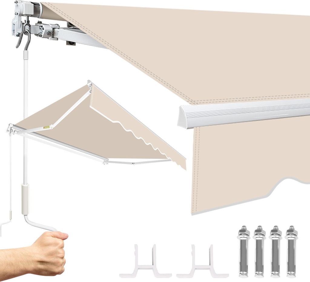 Izrielar Markise 350 x 250 cm Beschattung Terrasse & Balkon - Gelenkarmmarkise mit Kurbel & Halterung Sonnenschutz Balkonmarkise Gelenkmarkise Beige