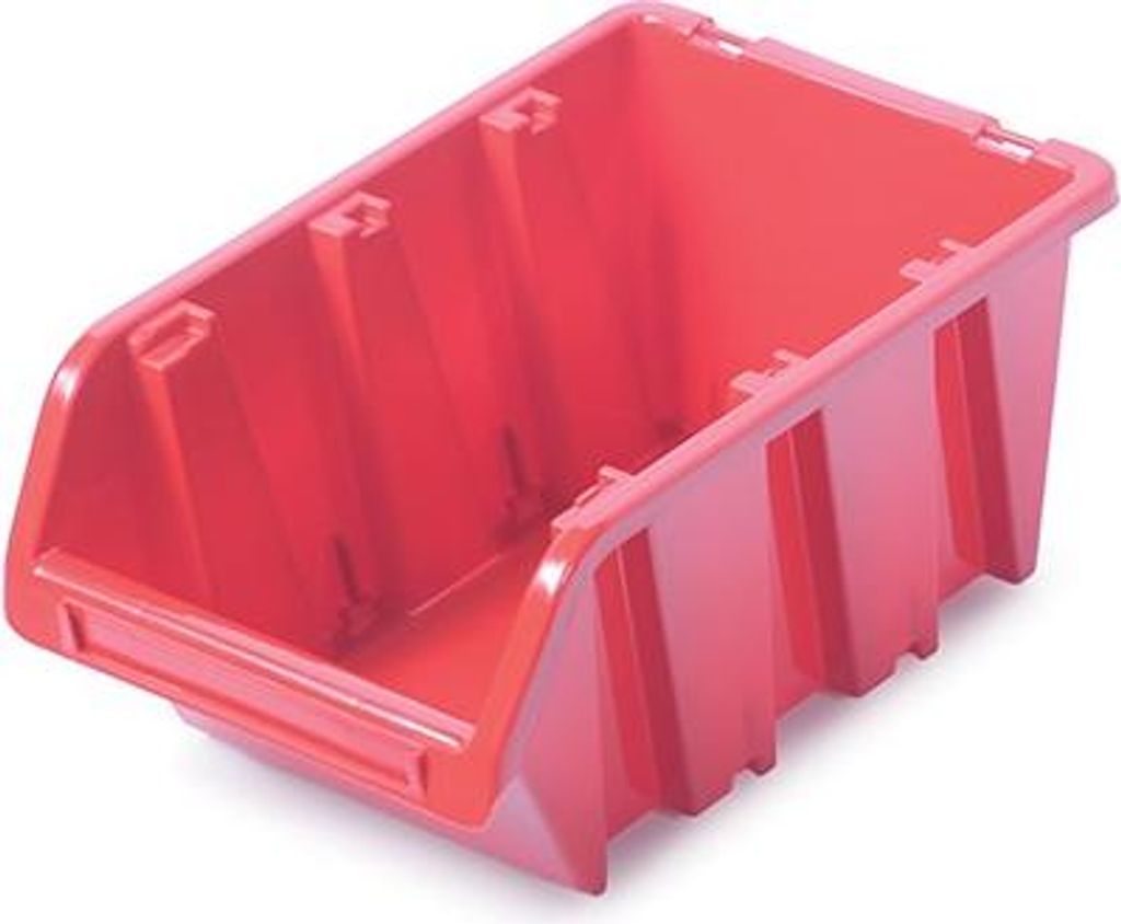 A red storage bin is shown against a white background.
