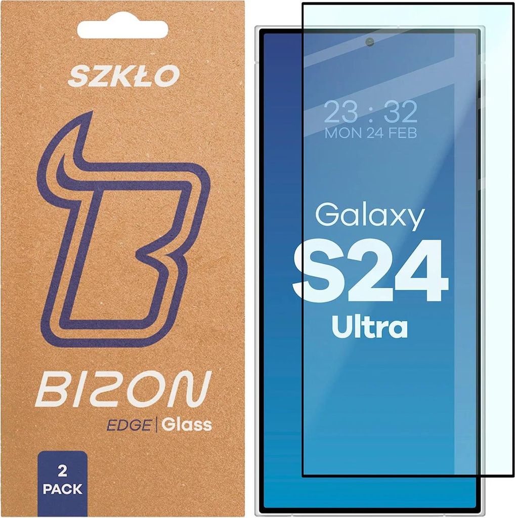 2x Gehärtetes Glas für Galaxy S24 Ultra, Bizon Glass Edge Duo, Schwarzer Rahmen