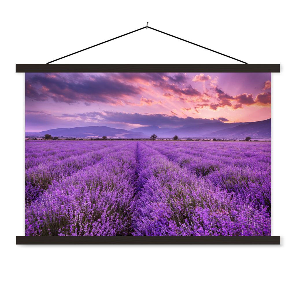 MuchoWow Textilposter Lavendel - Lila - Blumen - Feld 120x80 cm mit schwarzem Rahmen - Wanddeko